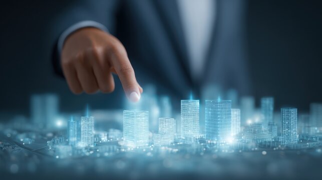 Businessman touching a futuristic holographic city model
