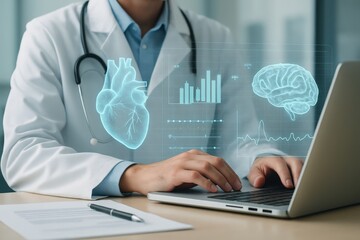 Medical professional working on a laptop with holographic representations of a heart and brain.