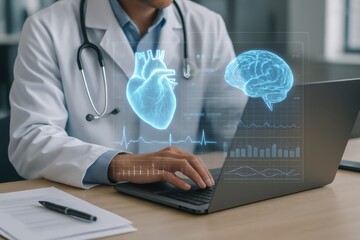 Medical professional using a laptop with holographic representations of a heart and brain.