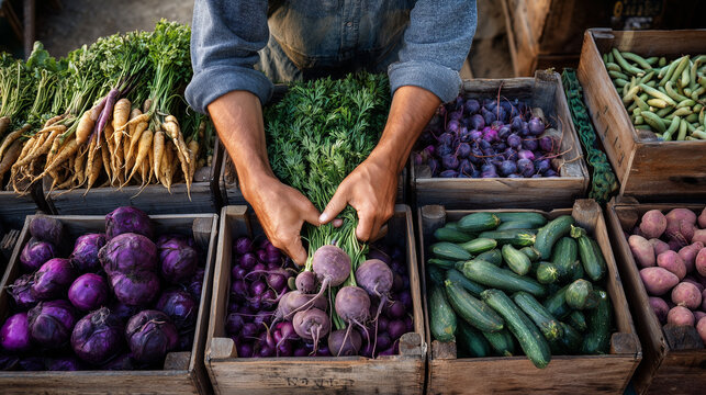 Fresh vegetables in wooden crates at farmers market

