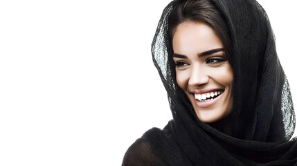 A poised Middle Eastern businesswoman in an elegant hijab smiles against a clean white backdrop.
