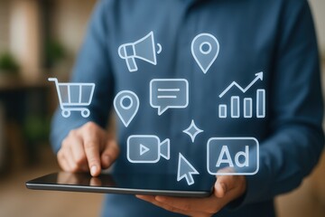 Person interacting with a digital tablet displaying various marketing icons.