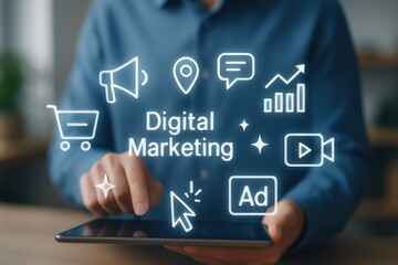 A person interacts with a tablet displaying digital marketing icons.