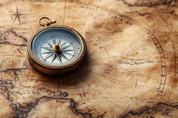 Vintage brass compass placed on an old sepia-toned nautical map evoking adventure and exploration