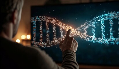 Scientist exploring digital dna structure on futuristic screen