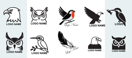  Collection of Bird Logos and Icons: Vector Set of Simple, Modern Designs Featuring Owls, Eagles, Kingfishers, and Robins for Branding and Corporate Identity.