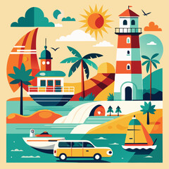 Vibrant Coastal Scene: Summer Vacation Illustration