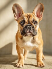 Portrait of adorable french bulldog puppy standing on concrete floor