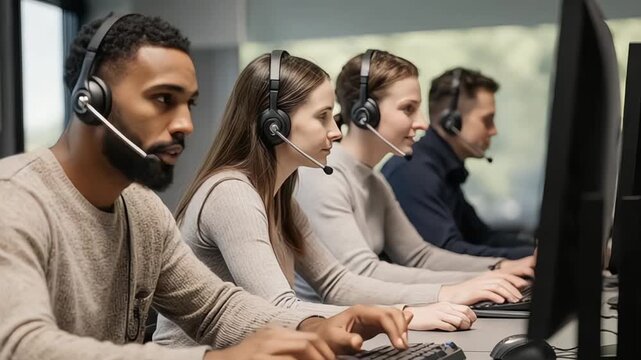 Diverse team of call center operators wearing headsets working at computers - Powered by Adobe