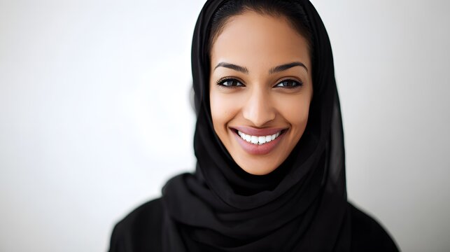A poised Middle Eastern businesswoman in an elegant hijab smiles against a clean white backdrop.