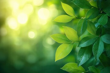 Obraz premium Fresh green leaves illuminated by soft sunlight with dew drops against a blurred natural background