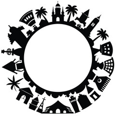 World Landmarks Silhouette: Circular Design Element for Travel, Tourism, and Global Concepts