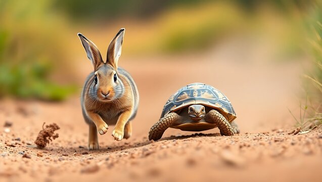 A hare running on a dirt path next to a turtle in a race with green foliage in the background