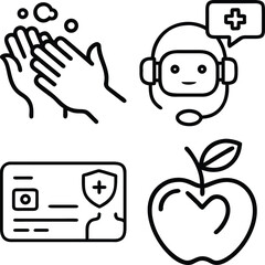A collection of four simple line art icons representing handwashing, telehealth services, health insurance, and a healthy apple.