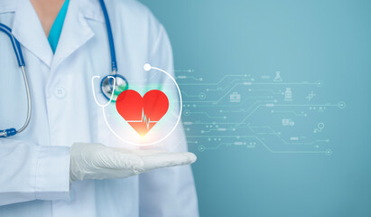 Doctor presenting digital heart health monitoring system  AI medical interface futuristic healthcare technology innovation in patient care  virtual diagnostics and data analysis