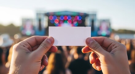 A person's hands hold a blank white ticket in front of a blurred stage at an outdoor music festival.