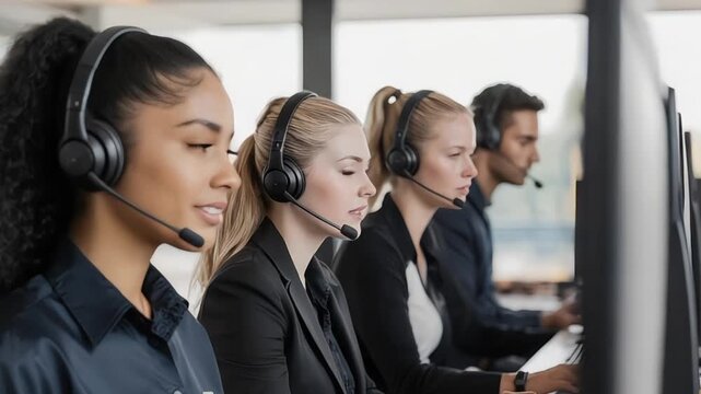 Diverse customer service team wearing headsets working in a call center office - Powered by Adobe