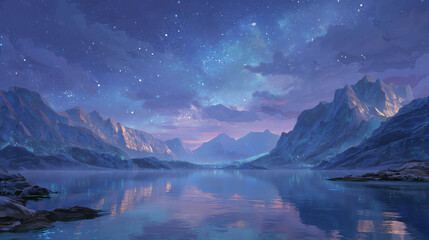 Fantasy night landscape with mountains and lake