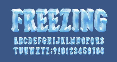 Freezing alphabet font. 3d cartoon ice letters and numbers. Stock vector hand drawn typescript for your typography design.