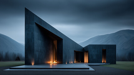 Fototapeta premium Beautiful black modern house sqare shape design , dark mood.