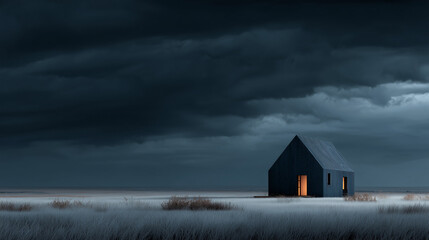 The black house is in the middle of white sand and black sky , dark mood.