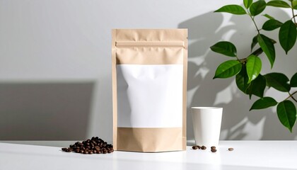 Brown and White Pouch Packaging Mockup with Coffee Beans in Minimal Studio Background