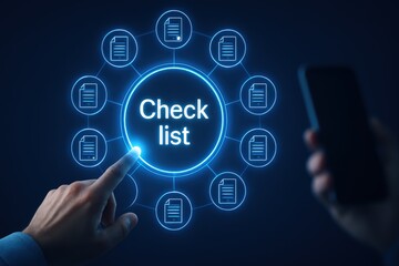 A hand pointing at a glowing check list interface.