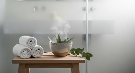 Genuine self-care routine in a bathroom setting with steaming spa plant, eucalyptus, and rolled towels, for wellness and relaxation concepts