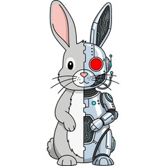 Futuristic cyborg rabbit with half natural fur and half robotic mechanics. A conceptual illustration of advanced bionics.