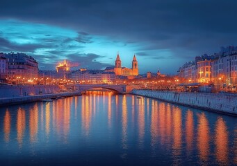 Obraz premium Evening cityscape with illuminated historic buildings and bridges reflecting on calm river under a dramatic blue sky