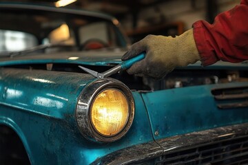 Close-up of a gloved hand holding a blue electrical tool near the round headlight of an old blue car in a workshop