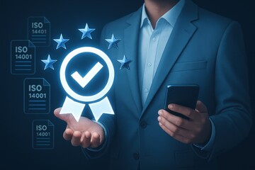 Businessperson displaying a digital quality assurance certification.