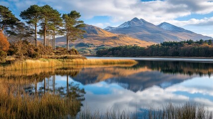 Fototapeta premium Breathtaking landscape view of serene lake surrounded by majestic mountains. The tranquil water reflects the vibrant colors of nature. Perfect for relaxation. Generative AI