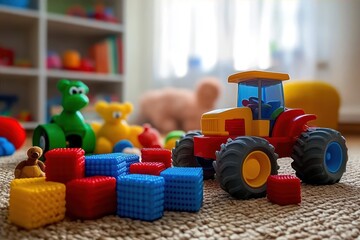 Fototapeta premium Colorful children's playroom scene with toy tractor and soft building blocks scattered on carpet, surrounded by plush animal toys creating a playful and cozy atmosphere