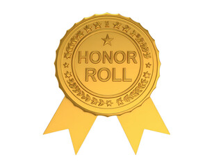 Shiny gold Honor Roll award medal with embossed stars laurel wreath and ribbons.