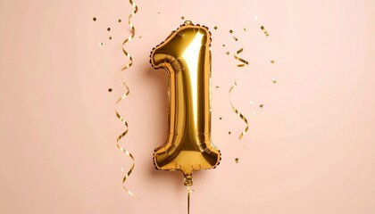 Gold balloon shaped like the number “1” surrounded by scattered gold confetti—set against a light background to highlight a first birthday or milestone celebration.