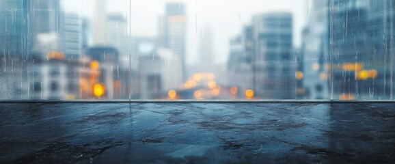 Rain drops on window glass overlooking a blurred city skyline with glowing building lights creating a moody urban atmosphere