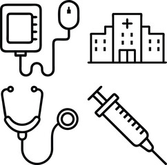 A collection of four simple black and white line art icons representing medical equipment and a hospital building.