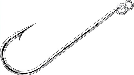 Detailed illustration of a silver fish hook on a white background, angled