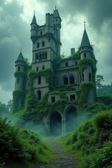Fototapeta premium A forgotten, overgrown castle ruin with magical energy swirling around it
