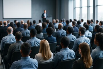 Business seminar audience listening to speaker on stage in modern conference room with natural light and professional background setup.