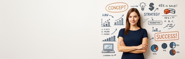 Fototapeta premium Confident businesswoman standing beside marketing strategy doodles with charts and graphs on clean white background for concept promotion banner.