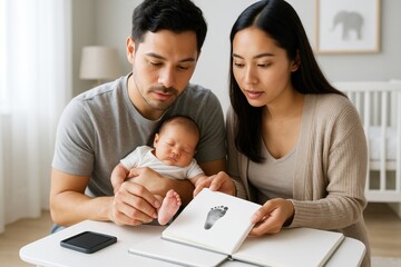 Loving parents capturing newborn baby's footprint together in a memory book at home, surrounded by calm nursery background and soft natural light. Ai generative