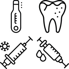 A collection of four simple line art icons representing a thermometer, a diseased tooth, and two syringes with medical symbols.