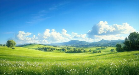 Wide green meadow with white wildflowers under a bright blue sky with fluffy white clouds and distant mountains on the horizon, evoking calm and serenity