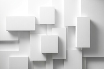 abstract composition of overlapping white rectangular and square blocks casting soft shadows on a white background with minimalist geometric arrangement