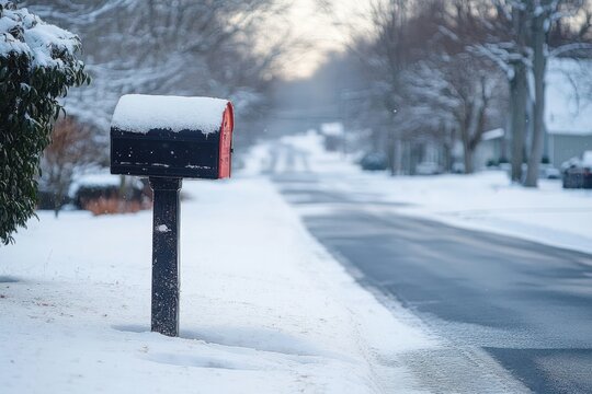Snow-covered mailbox standing beside a quiet residential street lined with leafless trees under a cold winter sky