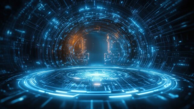 Futuristic glowing circular digital tunnel with blue and orange neon lights creating a high-tech sci-fi atmosphere