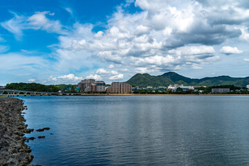 Fototapeta premium residential area is beside a bay on the outskirts of Fukuoka City, JAPAN.