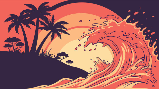 Silhouette island with palm trees and cartoon wave under pastel sunset colors for tropical and summer vibes illustration